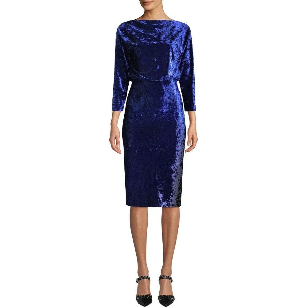 BADGLEY MISCHKA BLOUSON DRESS OMBRE BLUE VELVET DRAPE NECK 3/4 SLEEVE COCKTAIL 6